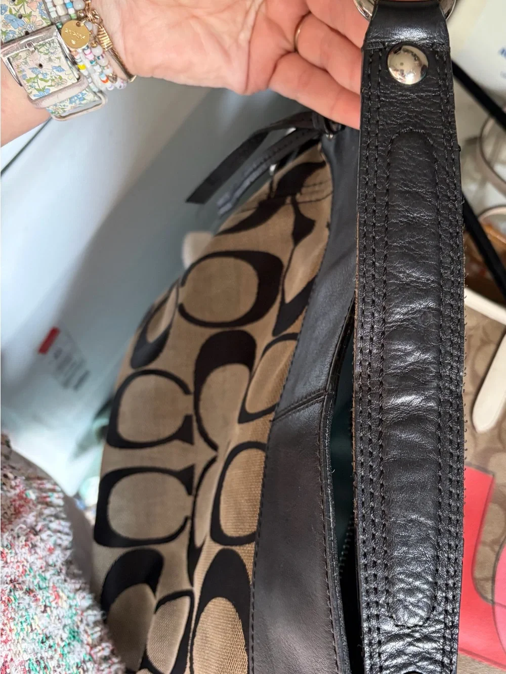 Coach Large Signature Canvas & Black Leather Hobo